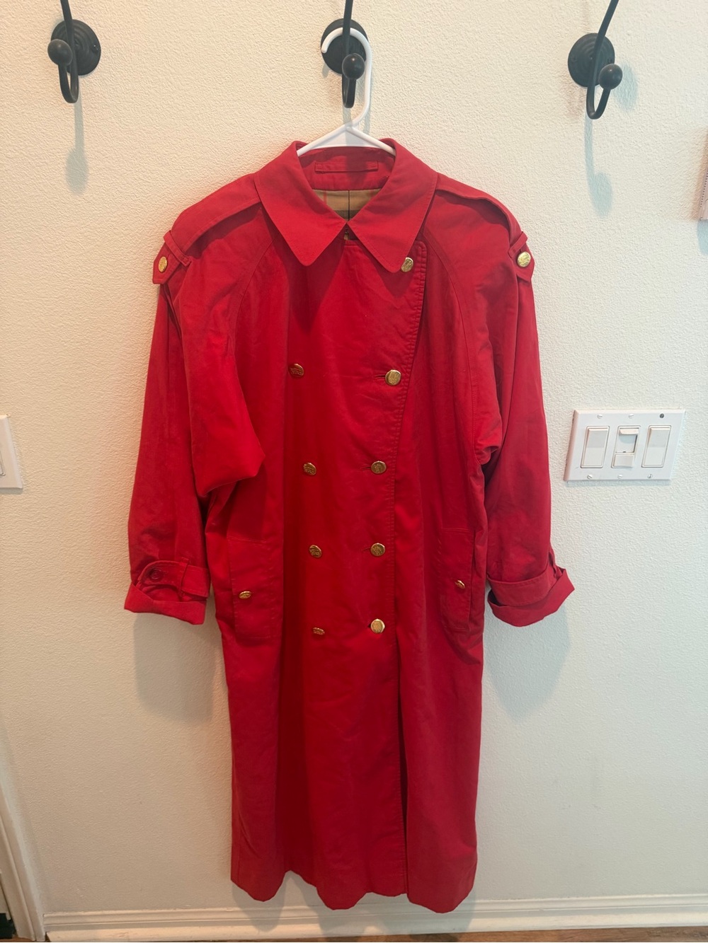 Burberry Red Double-Breasted Trench Coat with Gold Buttons